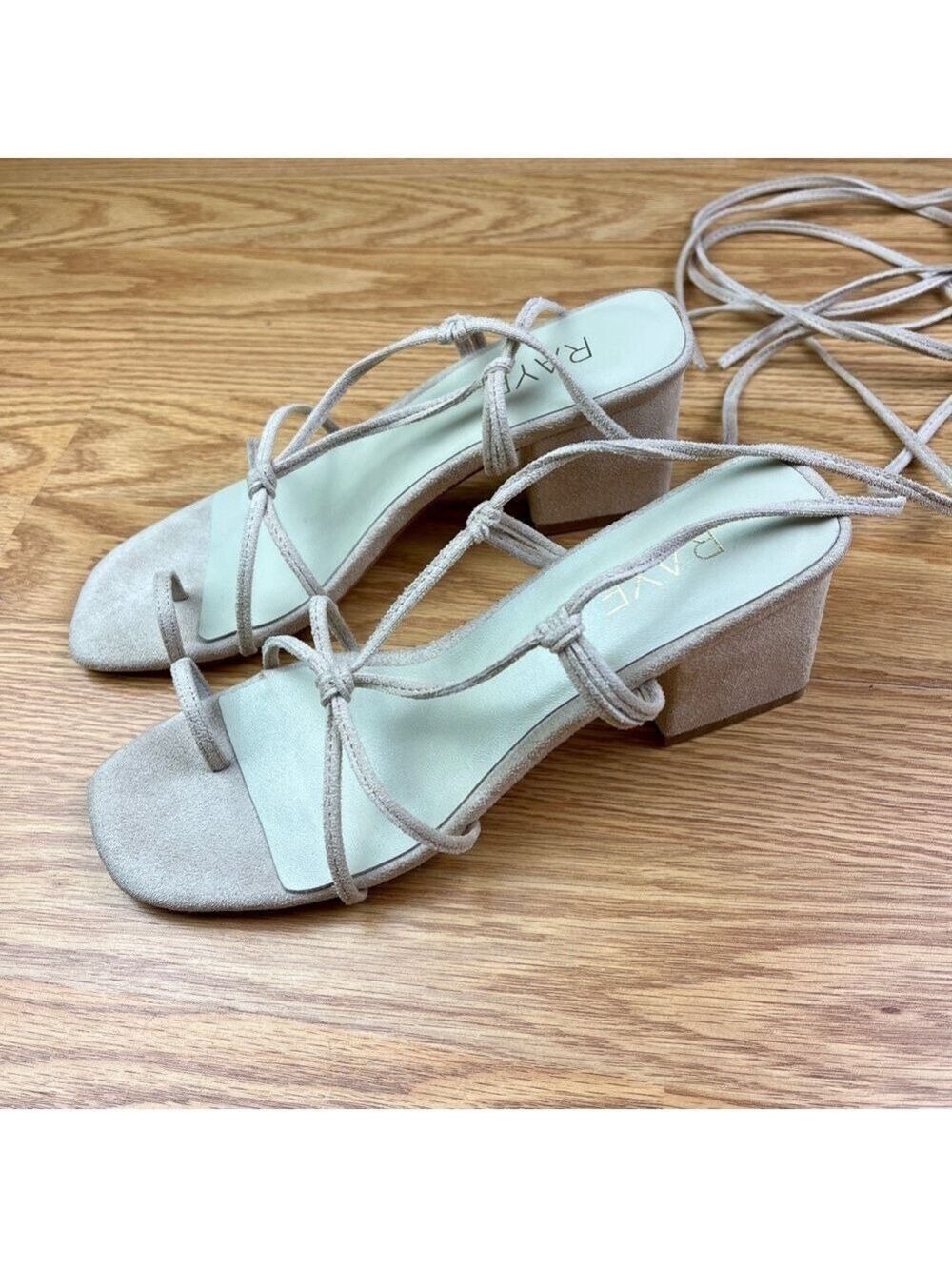 Like New RAYE x Revolve Ankle Tie Block Heel Cream Suede Strappy Sandals size 7